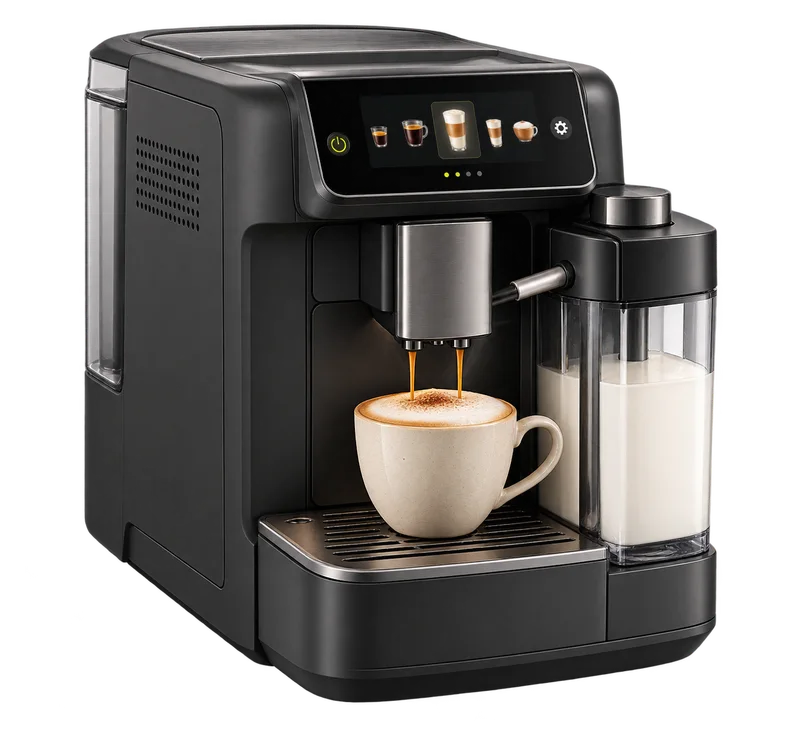 Ilustración original de una cafetera superautomática equilibrada con jarra de leche