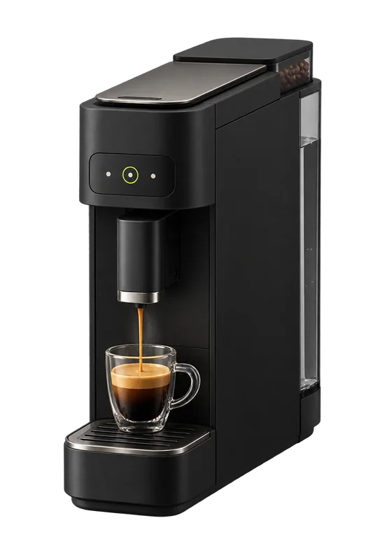 Ilustración original de una cafetera superautomática estrecha para café negro