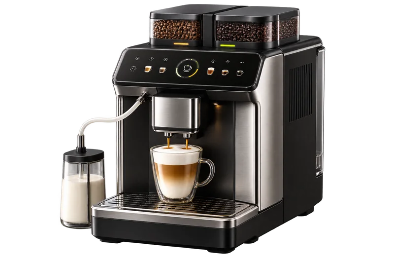 Ilustración original de una cafetera automática con dos depósitos de granos