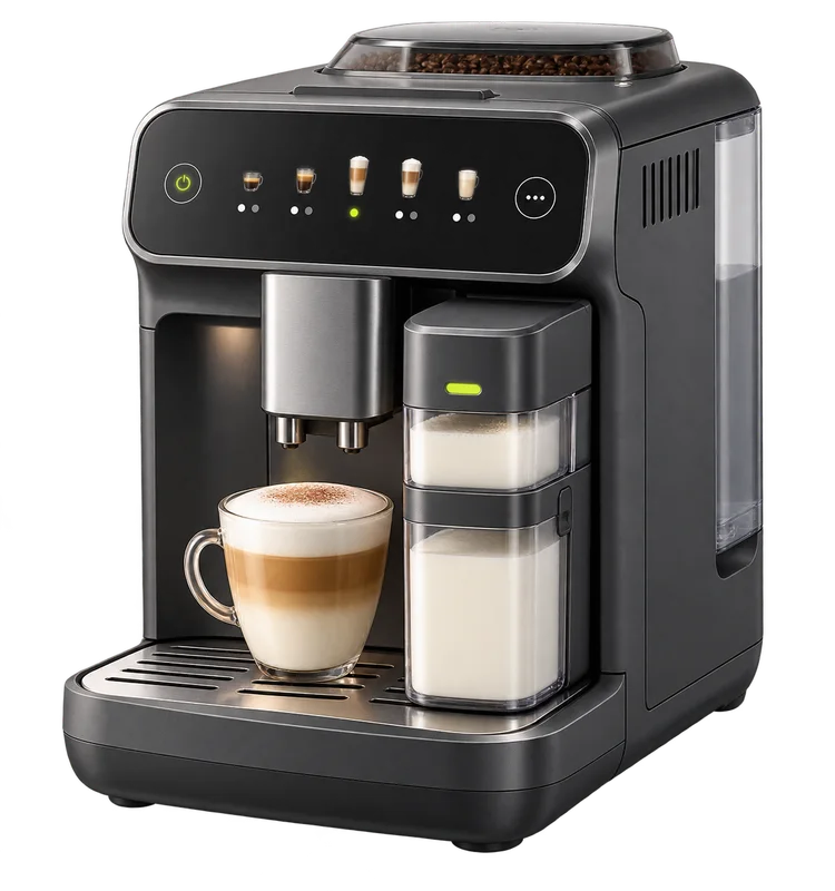 Ilustración original de una cafetera automática con sistema de leche desmontable