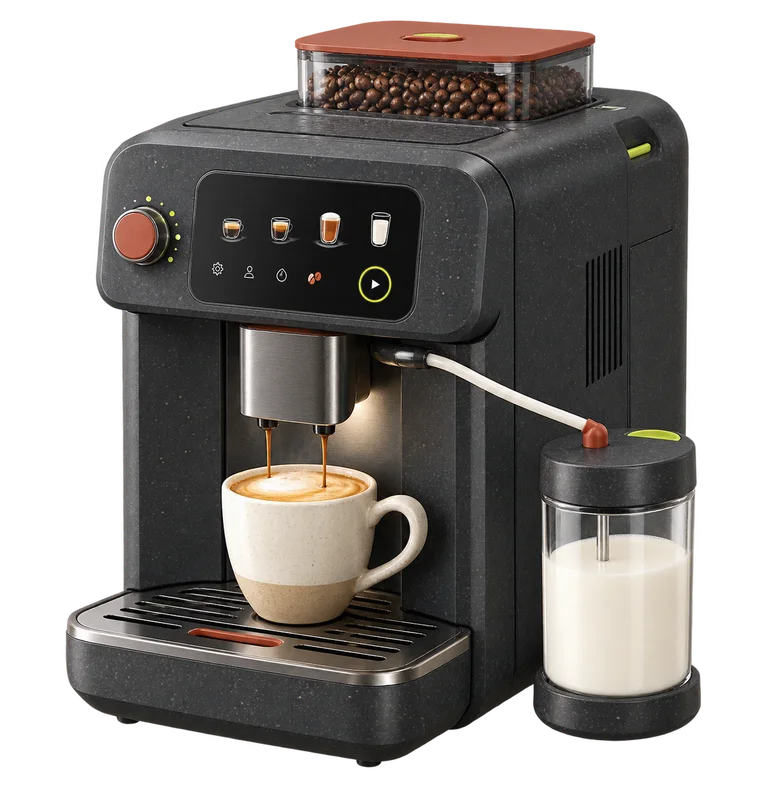 Ilustración original de una cafetera automática con acabado de material reciclado