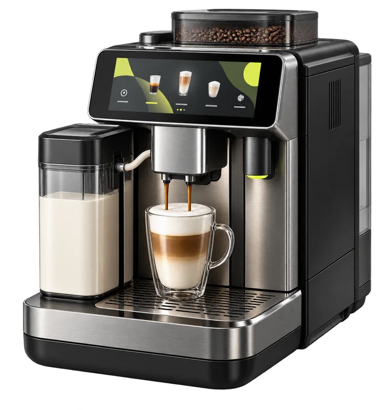 Ilustración original de una cafetera automática tecnológica con pantalla panorámica